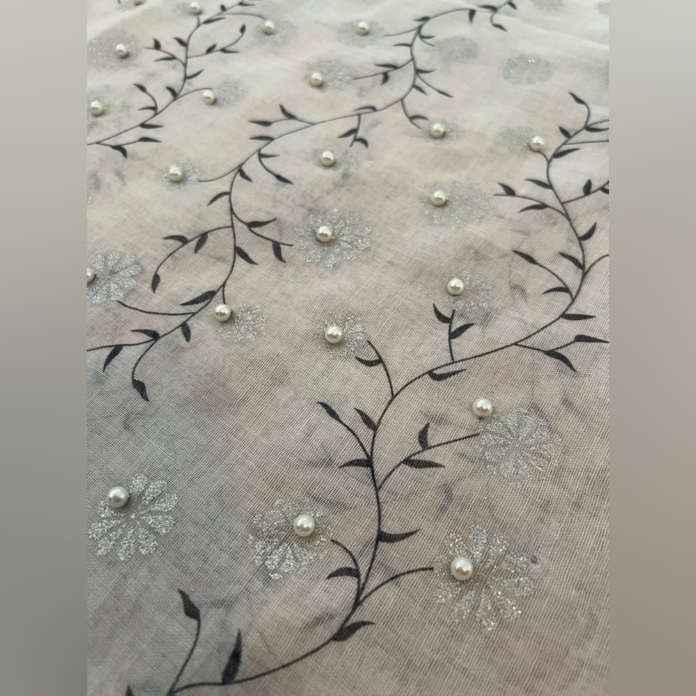 White Scarf with sliver and pearl details